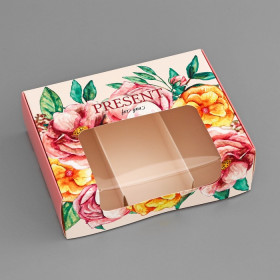 Коробка для 3 эклеров 20х15х5 см с откидной крышкой &quot;Яркие цветы&quot;