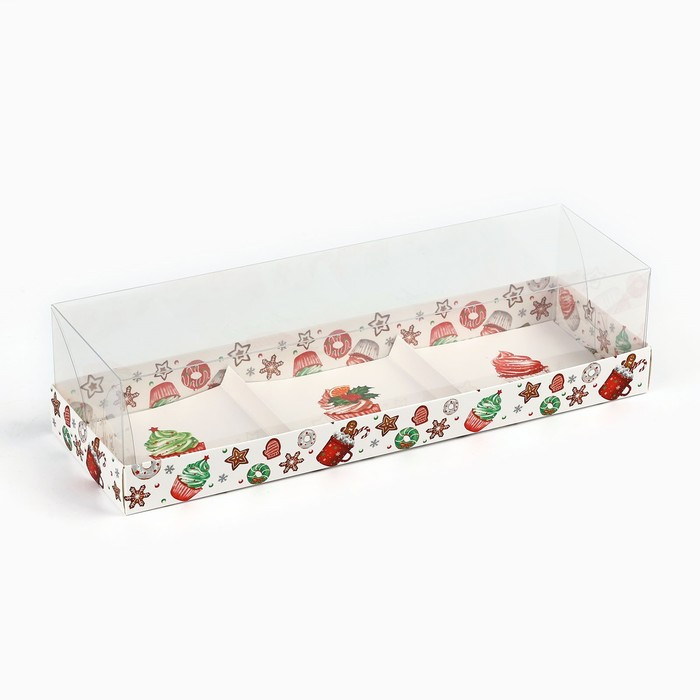 Коробка для 3х муссовых пирож. 27х8,5х6,5 см (на 3 шт) "Новогодние сладости"