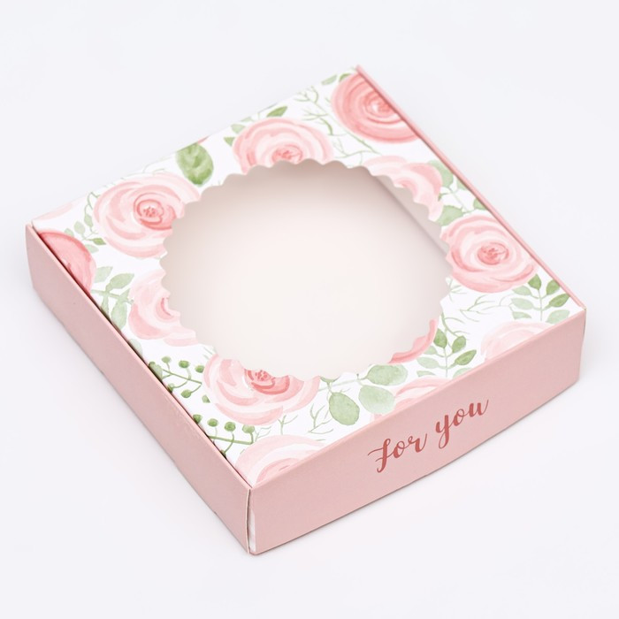 Коробка для прян. 11,5х11,5х3 см с окошком "For you", нежно-розовые цветочки