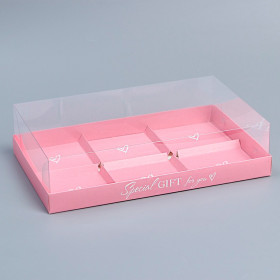 Коробка для 6 муссовых пирожных 27х17х6,5 см с прозрачной крышкой, Розовая  