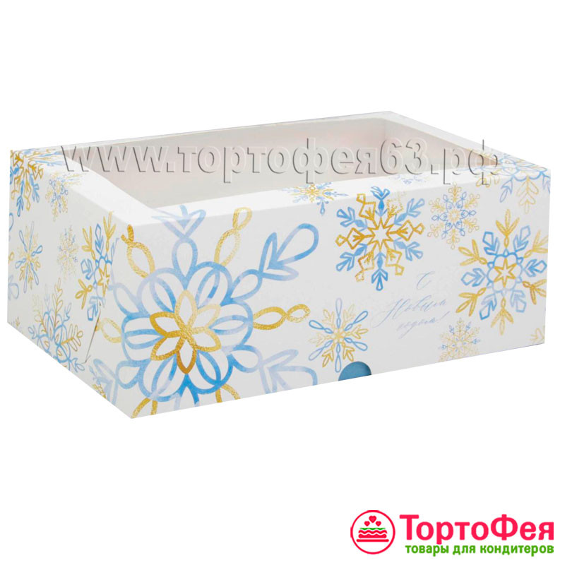 Коробка для 6 капкейков с окном "Снежинки золото-голубые"