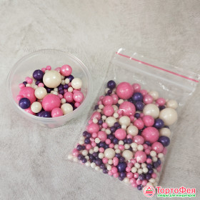 Шарики рисовые в глазури. Розовые/Белые/Сиреневые 2-13 мм, 25 гр       