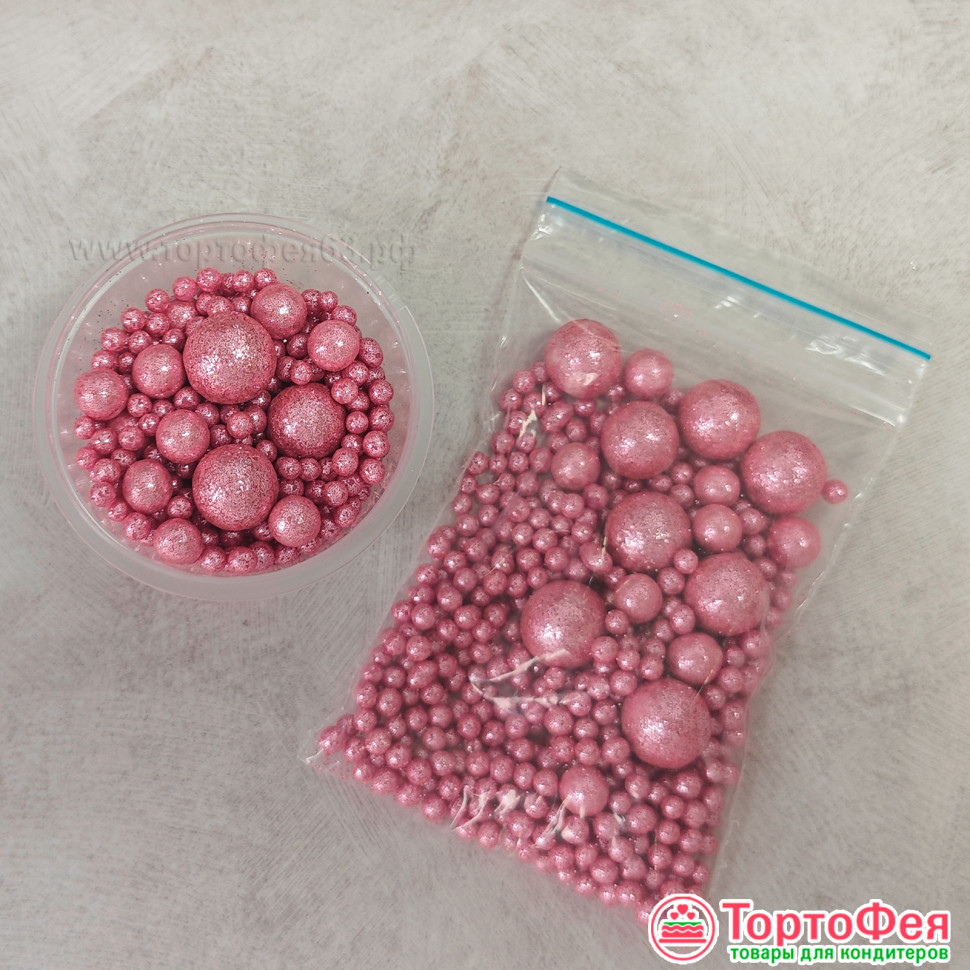 Шарики рисовые в глазури. Блеск "Розовый" 2-13 мм, 20 гр