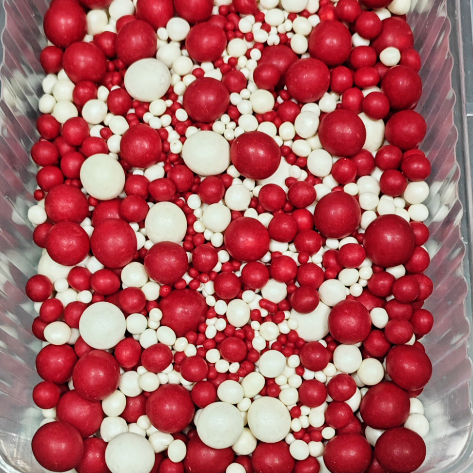 Шарики рисовые в глазури. Красные/белые 2-13 мм, 25 гр