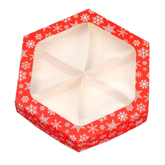 Коробка шестигранник с делителями 23х23х4 "Красная / снежинки"