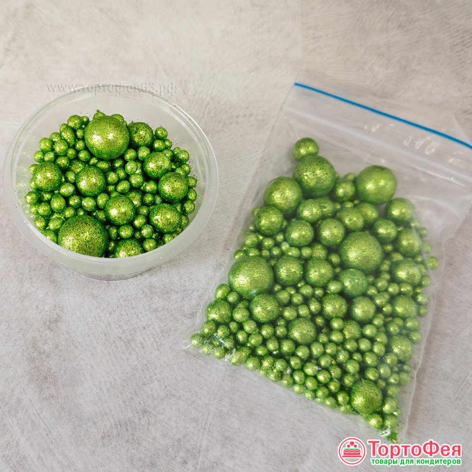 Шарики рисовые в глазури. Блеск "Салатовый" 2-13 мм, 20 гр